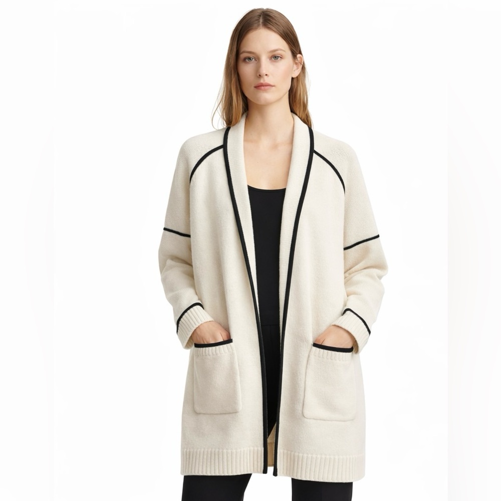 Maje Ecru Wool Knit Cardigan w/ Black Contrast Trim | Size 2